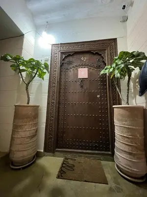 a door with two potted plants in front of it at Riad Dar Vevé - private fashion house in Marrakech