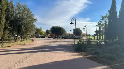 an empty road with trees and a street light at appartement dans Jardin de l'atlas in Marrakech