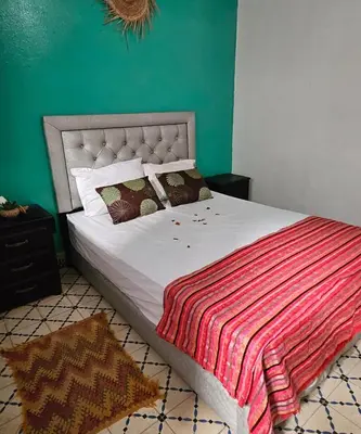 a bed in a bedroom with a green wall at marrakesh riad in Marrakech