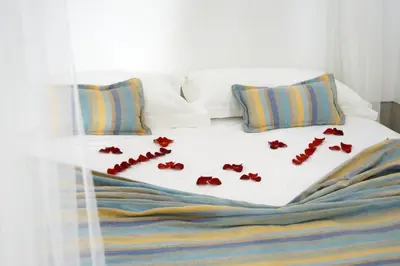 a bed with red petals on the bed at Riad Sapphire & Spa in Marrakech