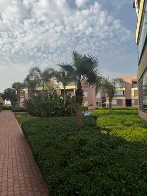 a palm tree in a park next to a building at Appart avec Piscine, Riad Garden in Marrakech