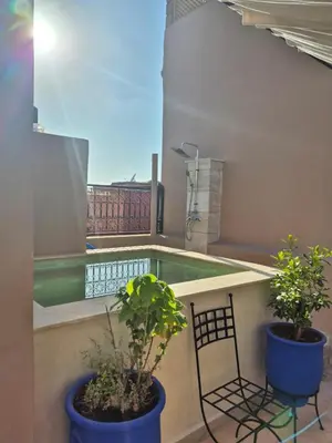 a balcony with two potted plants and a chair at Riad l'Empire in Marrakech