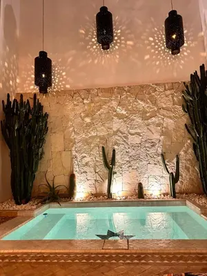 a swimming pool with cacti and a stone wall at Riad Belharra in Marrakech