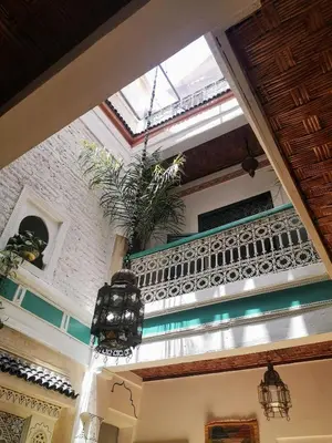 a room with a potted plant hanging from a building at Riad El Badii chambre queen size Badii in Marrakech