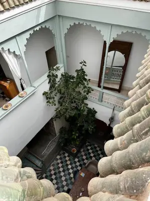 a building with a staircase and a potted plant at Riad Nadara, superbe riad au coeur de la medina! in Marrakech