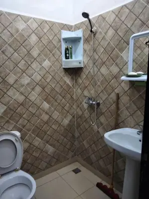 a bathroom with a shower with a toilet and a sink at les porte de guiliz appartement in Marrakech
