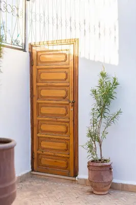 a wooden door with a potted plant in front of it at Riad Thé d'Orient - Piscine Privée - Petit Déjeuner in Marrakech