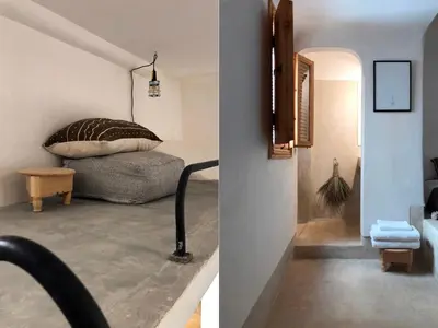 two images of a room with a bed and a hallway at Dar Oki in Marrakech