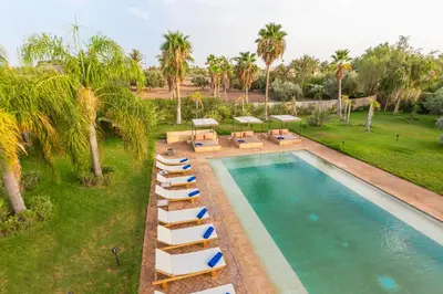 an overhead view of a swimming pool with lounge chairs and palm trees at Villa Tomazo Marrakech in Marrakech