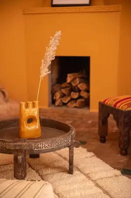 a living room with a fireplace and a table with a plant at Riad Le Petit Bacha in Marrakech
