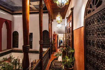 a hallway of a house with a staircase with plants at Riad Taghia in Marrakech