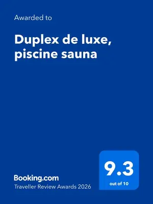 a screenshot of a phone with the text duplex de user pizza sauna at Duplex de luxe, piscine sauna in Marrakech