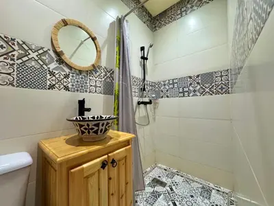 a bathroom with a shower and a toilet and a mirror at Riad Rayan in Marrakech