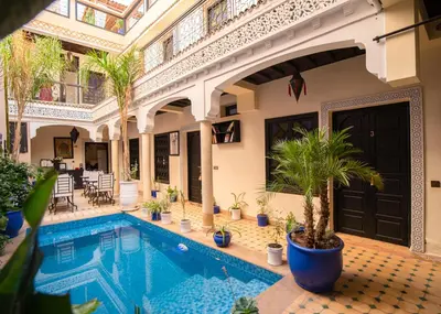 an indoor pool in a house with plants at Riad Tala in Marrakech