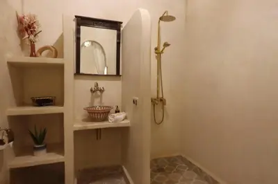 a bathroom with a shower with a sink and a mirror at Riad La Fayette Bed & Breakfast in Marrakech