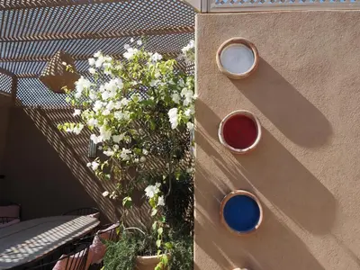 a wall with three different colored bowls and a plant at Riad Kamilyes in Marrakech