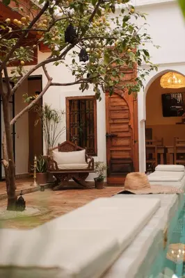 a living room with two beds and a tree at RIAD SAMAH in Marrakech