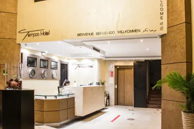 a lobby of a building with a sign that reads temple emulated wilwanowment at Tempoo Hotel Marrakech City Centre Adults Only in Marrakech
