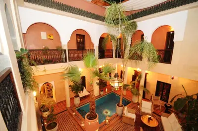 an indoor pool with palm trees in a building at Riad Hadda in Marrakech