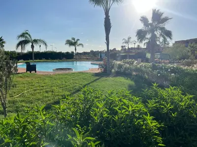 a view of a pool with palm trees and a park at Fabuleux appartement, rez de jardin au sein de la palmeraie in Marrakech