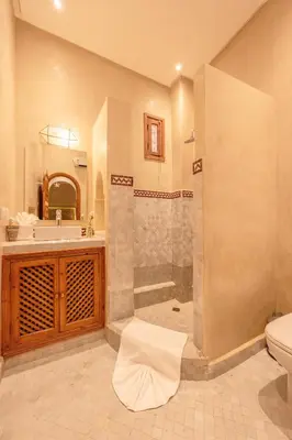 a bathroom with a shower and a toilet and a sink at Riad Dar Azal in Marrakech
