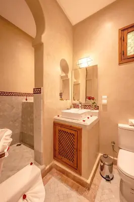 a bathroom with a sink and a shower and a toilet at Riad Dar Azal in Marrakech