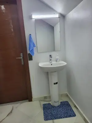 a bathroom with a sink and a mirror and a rug at Duplex+2 salles de bain à 5 min de l'aéroport in Marrakech