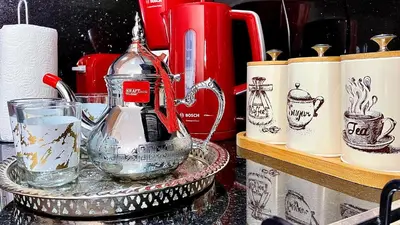 a glass blender on a counter with other appliances at Deluxe KING Bed SUITE W/POOL in Marrakech