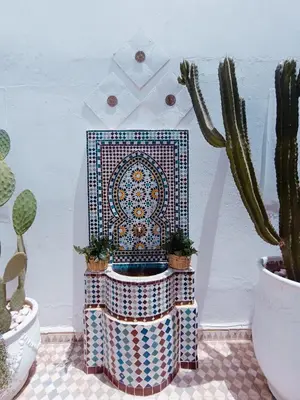 a colorful toilet in a room with cactus at STUDIO BLANCO MÉDINA AVEC TERRASSE in Marrakech