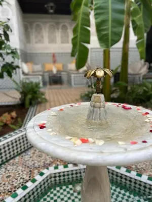 a fountain sitting on a table in a garden at Riad Afous in Marrakech