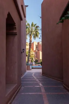 an empty alley with a palm tree in the distance at Alqantara in Marrakech