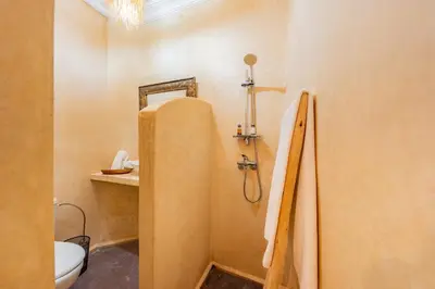 a bathroom with a shower with a toilet and a sink at Little Riad 3 Rooms - Top emplacement 5 minuts from Place Jemaa el fna & souk in Marrakech