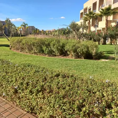a row of bushes in front of a building at Appartement de luxe Prestigia in Marrakech