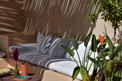 a couch sitting in a living room with plants at Riad Palau Marrakech in Marrakech