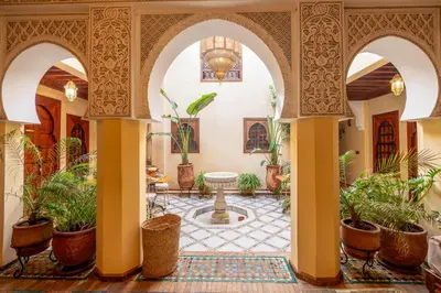 a courtyard with a fountain and potted plants at Riad Amalia in Marrakech