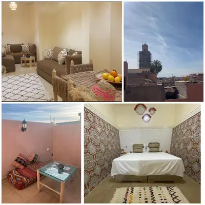a collage of photos of a bedroom and a living room at Medina House in Marrakech