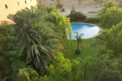 an overhead view of a pool in a yard with palm trees at Appartement de prestige au quartier de l’Hivernage, Marrakech in Marrakech