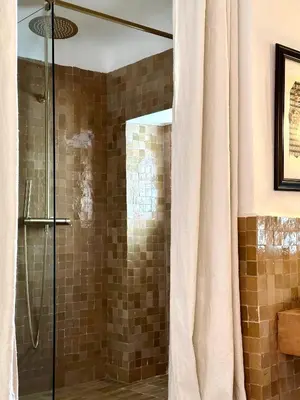 a bathroom with a shower with a shower curtain at Riad de l'Ô with Pool, Rooftop, Free Breakfast in Marrakech