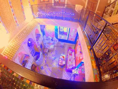 an overhead view of a doll house at Riad Jennah Rouge in Marrakech