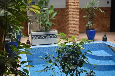a swimming pool with potted plants in a room at Riad Dar Alamane in Marrakech