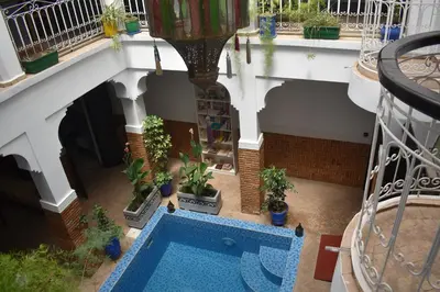 an overhead view of a house with a swimming pool and potted plants at Riad Dar Alamane in Marrakech