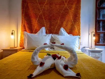 two towels are made to look like swans on a bed at Riad Kilimini & SPA in Marrakech