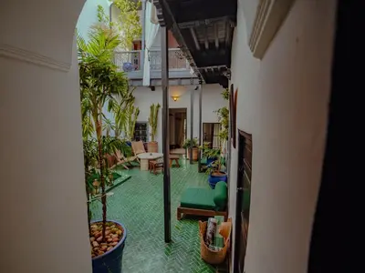 a view of a hallway with plants in a house at Riad La Smala in Marrakech