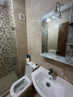 a bathroom with a toilet and a sink and a mirror at Studio au centre ville de marrakech avec piscine in Marrakech