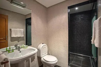 a bathroom with a toilet and a sink and a shower at Yaad City Hotel in Marrakech