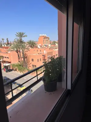 a window with a potted plant on a balcony at Majorel Blue in Marrakech