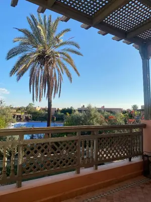 a view from the balcony of a resort with a palm tree at Appartement Spacieux avec Piscine à la Palmeraie in Marrakech