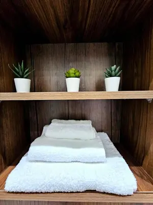 a wooden shelf with three potted plants on it at Coeur de Marrakech : Luxe, ciné & confort in Marrakech