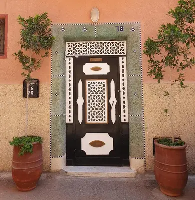 a black door with two potted plants in front of it at Riad Le Petit Cactus -Familial et Privatif- in Marrakech