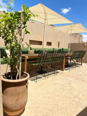 a plant in a pot next to a table and chairs at Serenity Riad with Breakfast in Marrakech